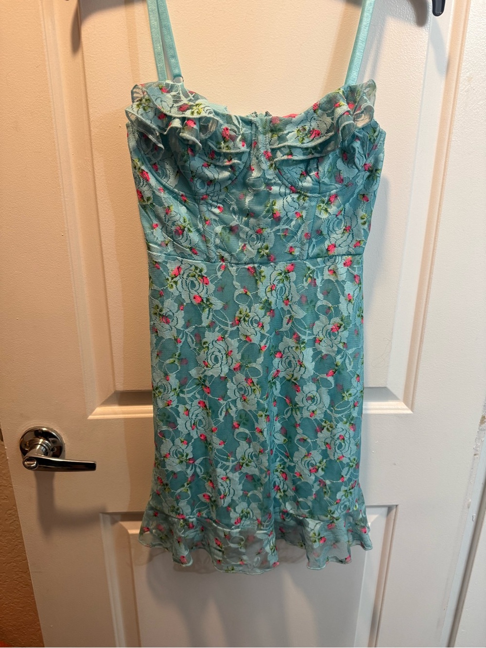 Betsey Johnson Aqua Pink Floral Lacey Mini Dress - Picture 5 of 7